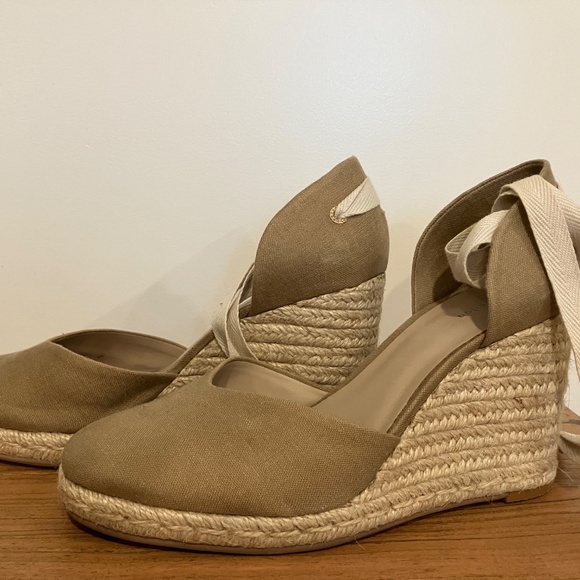Reformation Camille Linen Lace-Up Wedge Espadrilles Khaki Size 8.5 - Picture 6 of 7